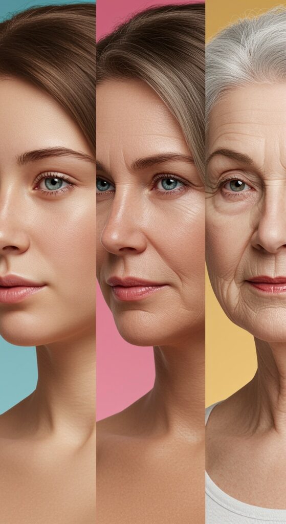 Side-by-side portraits of a woman aging from youth to senior years, showing gradual facial aging across decades